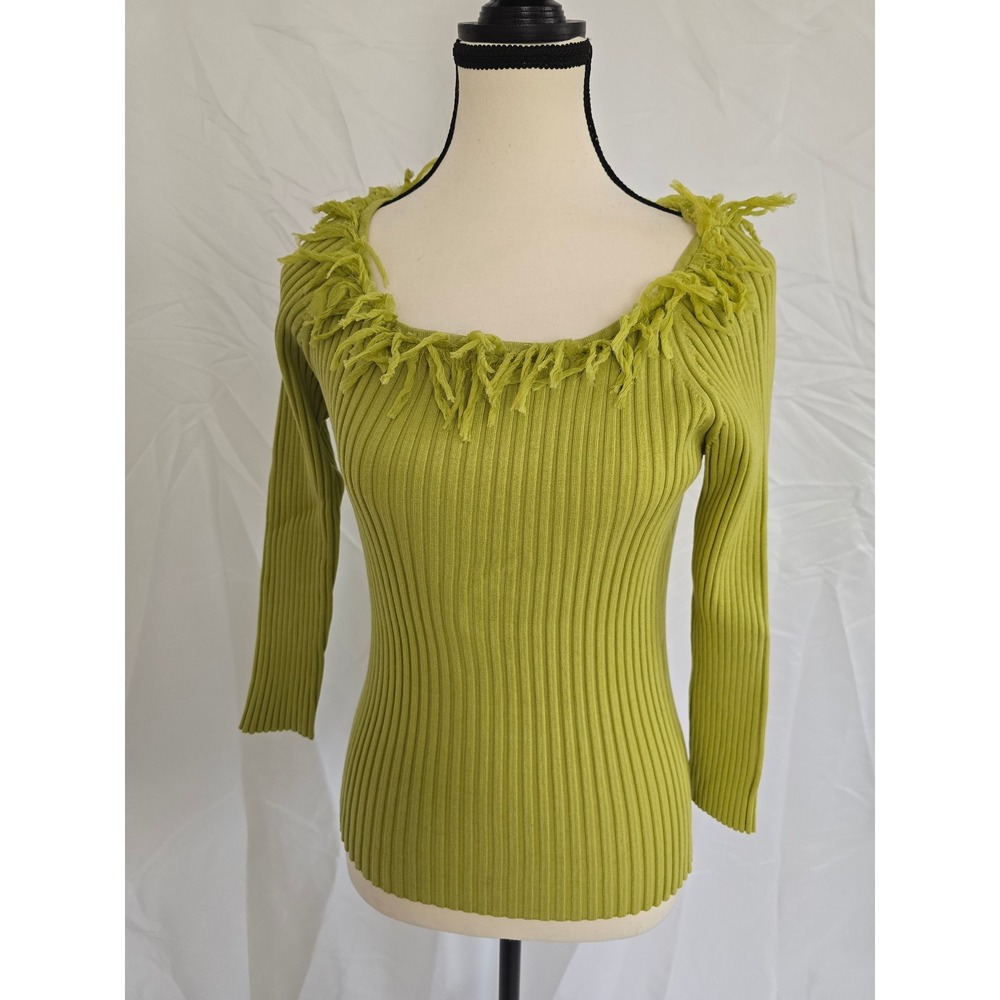 Womens Lime Green Ribbed Knit Fringe Neckline 3/4 Sleeve‎ Sweater Top Size L